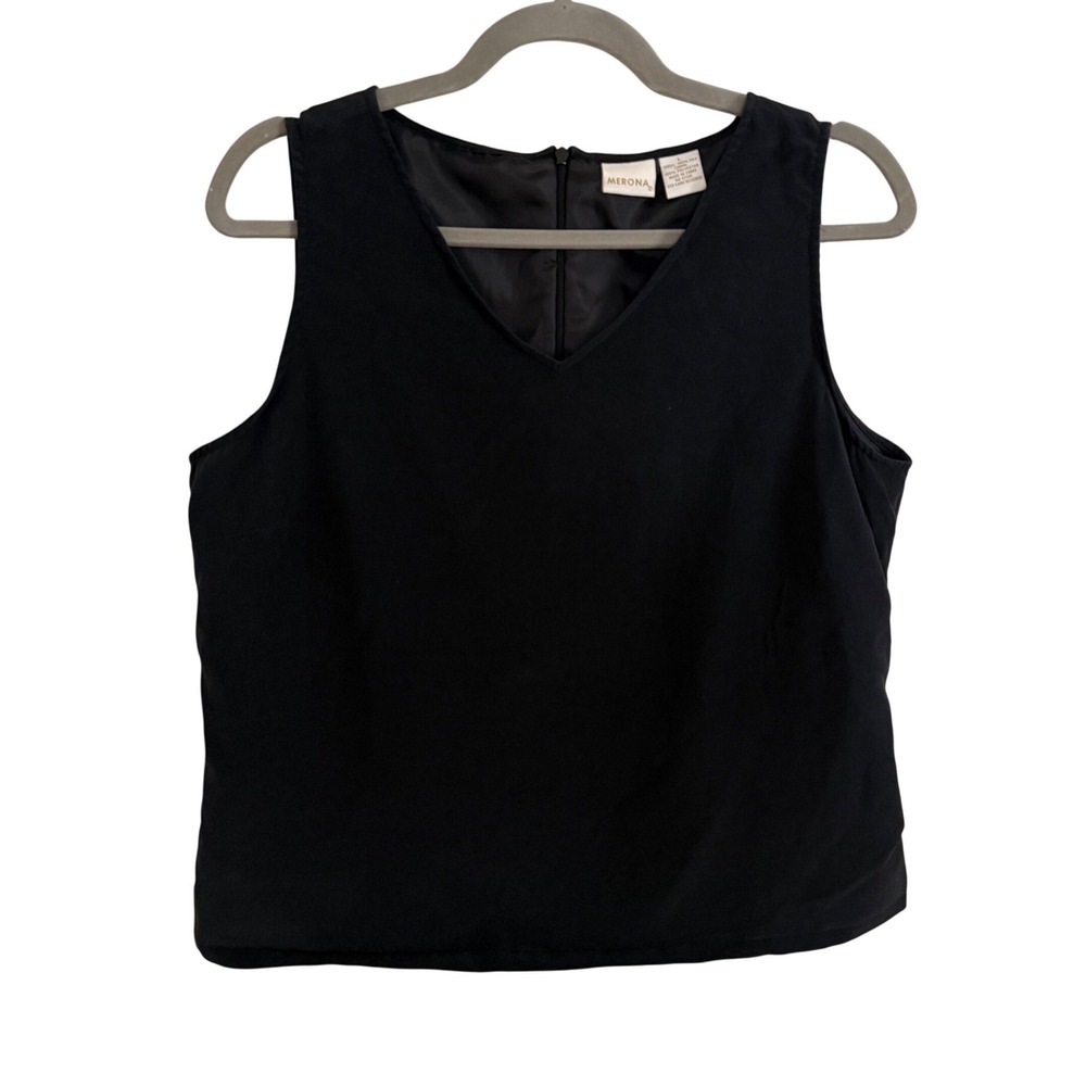Merona Black 100% Silk Sleeveless V-Neck Blouse Top Large Minimalist Office